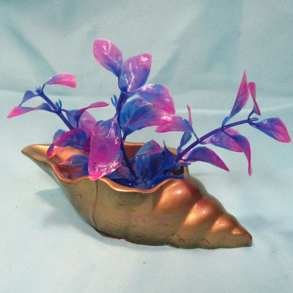 Aquarium Decoration - Gold Long Shell with Pink and Blue Plant.